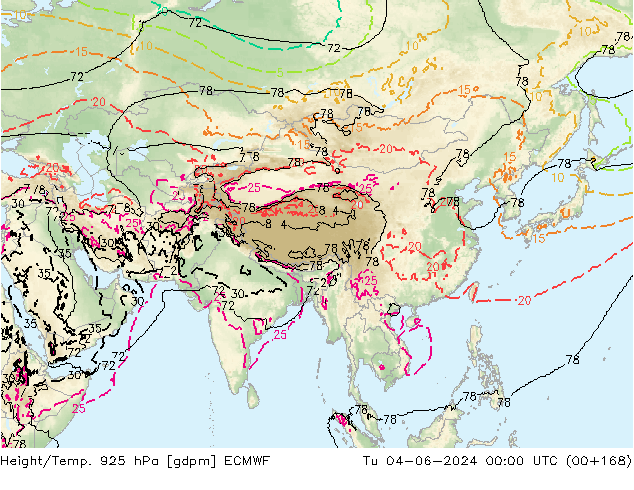 Height/Temp. 925 hPa ECMWF Tu 04.06.2024 00 UTC