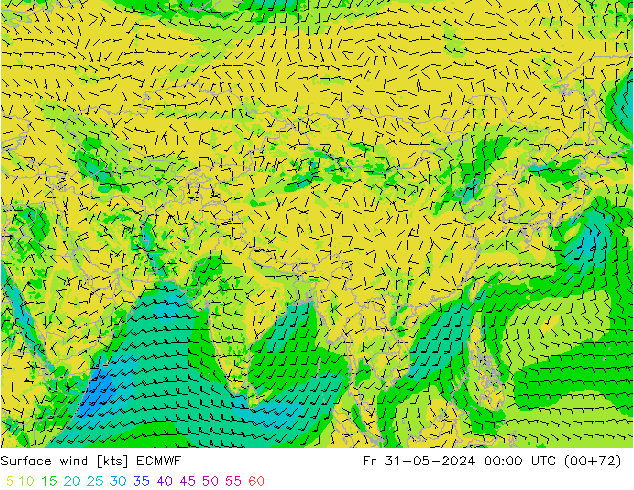 Viento 10 m ECMWF vie 31.05.2024 00 UTC