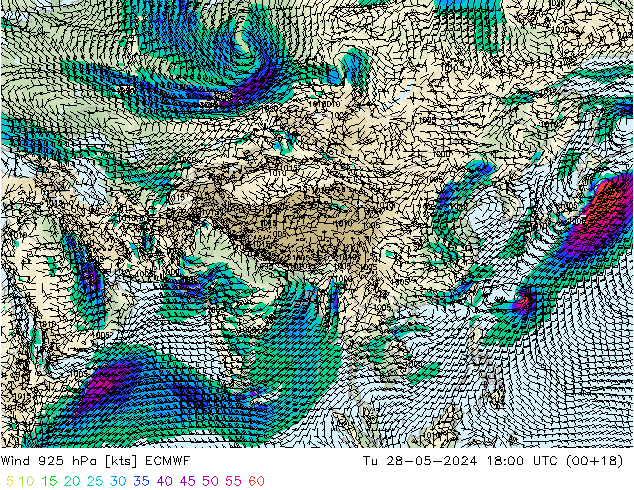 Vento 925 hPa ECMWF mar 28.05.2024 18 UTC