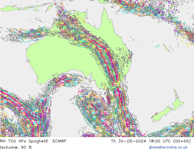 Humedad rel. 700hPa Spaghetti ECMWF jue 30.05.2024 18 UTC