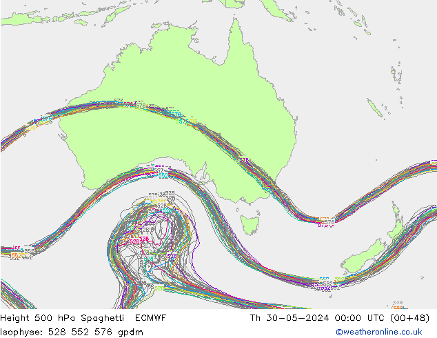 Hoogte 500 hPa Spaghetti ECMWF do 30.05.2024 00 UTC