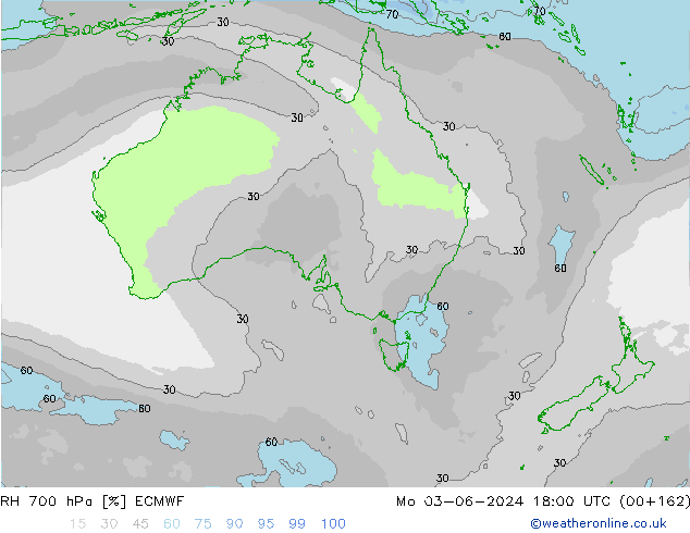 RH 700 hPa ECMWF pon. 03.06.2024 18 UTC