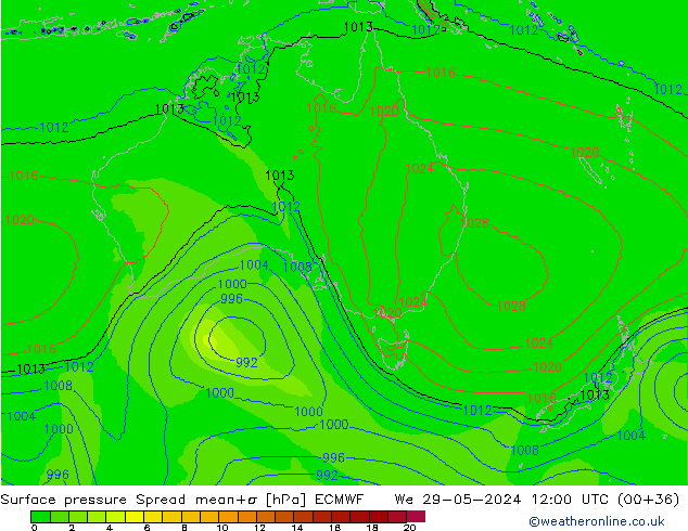 Presión superficial Spread ECMWF mié 29.05.2024 12 UTC