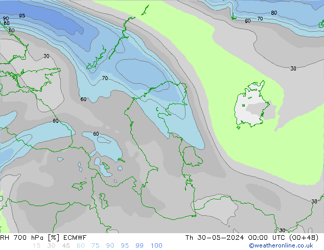 RH 700 hPa ECMWF czw. 30.05.2024 00 UTC