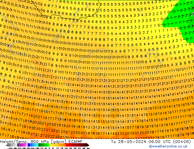 Geop./Temp. 850 hPa ECMWF mar 28.05.2024 06 UTC