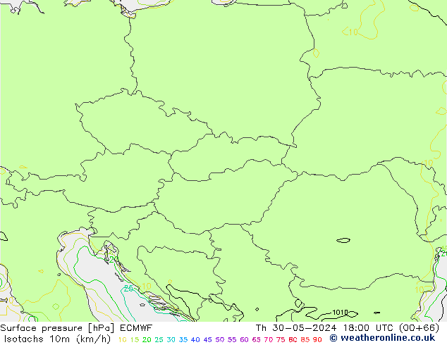 Isotachs (kph) ECMWF Th 30.05.2024 18 UTC