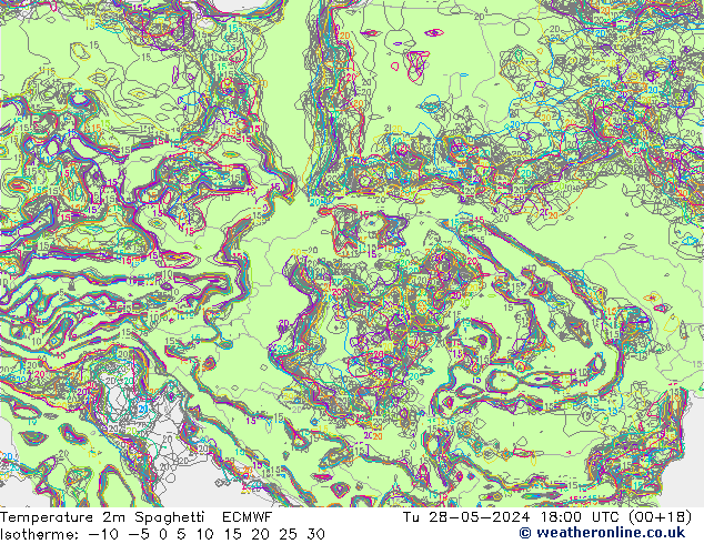 température 2m Spaghetti ECMWF mar 28.05.2024 18 UTC