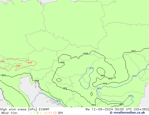 High wind areas ECMWF mié 12.06.2024 00 UTC