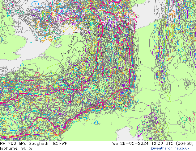 RH 700 hPa Spaghetti ECMWF Qua 29.05.2024 12 UTC