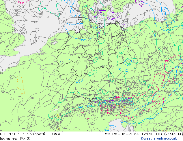 RH 700 гПа Spaghetti ECMWF ср 05.06.2024 12 UTC