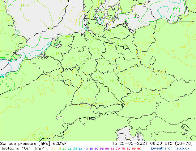 Isotachs (kph) ECMWF  28.05.2024 06 UTC