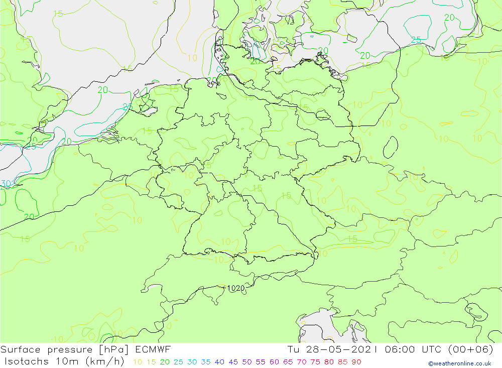 Isotachs (kph) ECMWF Tu 28.05.2024 06 UTC