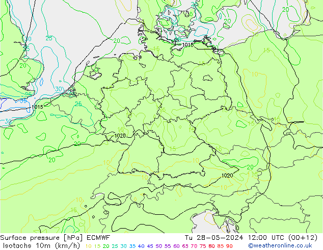 Isotachs (kph) ECMWF Tu 28.05.2024 12 UTC