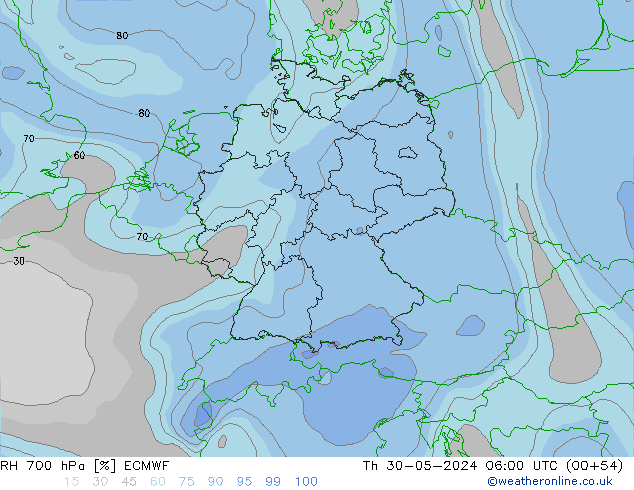 RH 700 hPa ECMWF Th 30.05.2024 06 UTC