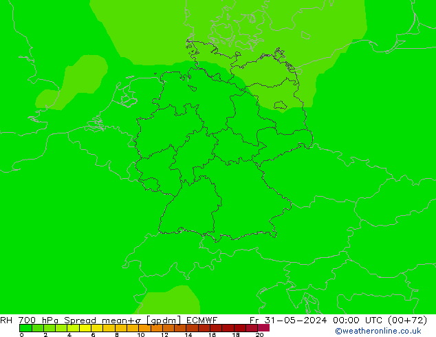 Humedad rel. 700hPa Spread ECMWF vie 31.05.2024 00 UTC