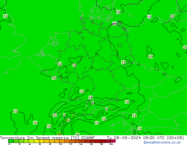 Temperature 2m Spread ECMWF Tu 28.05.2024 06 UTC
