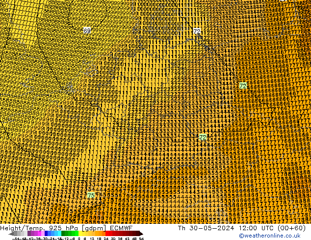 Hoogte/Temp. 925 hPa ECMWF do 30.05.2024 12 UTC