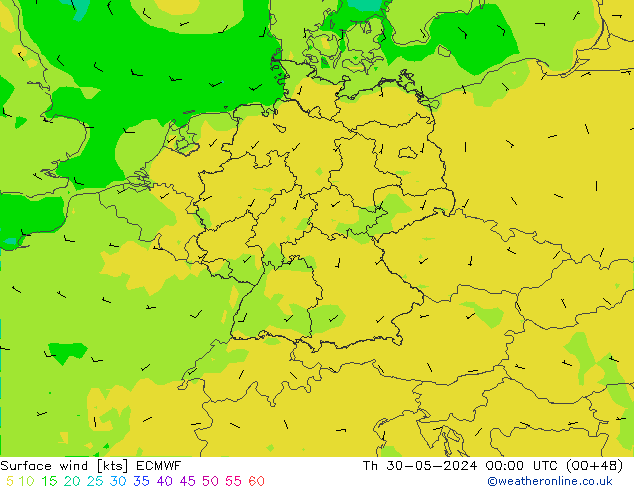 Surface wind ECMWF Čt 30.05.2024 00 UTC