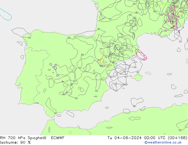 RH 700 hPa Spaghetti ECMWF Tu 04.06.2024 00 UTC