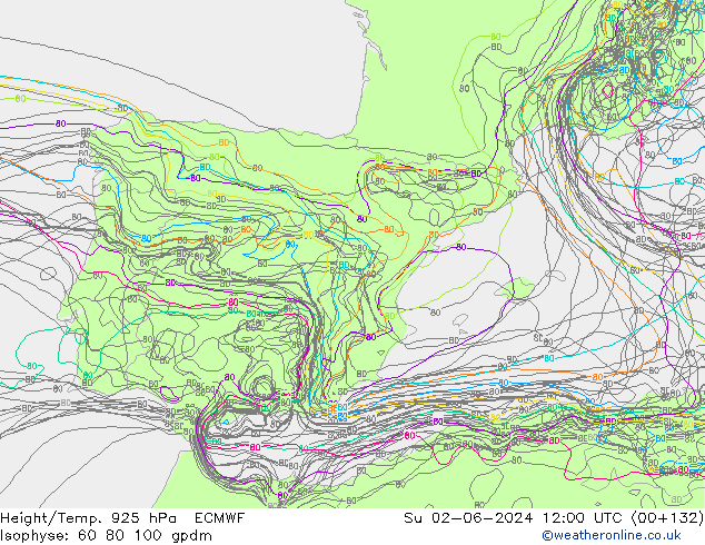 Height/Temp. 925 hPa ECMWF dom 02.06.2024 12 UTC