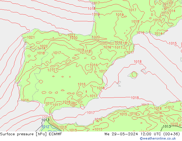 Presión superficial ECMWF mié 29.05.2024 12 UTC