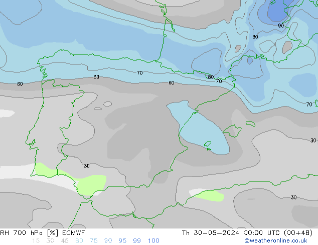 RH 700 hPa ECMWF gio 30.05.2024 00 UTC