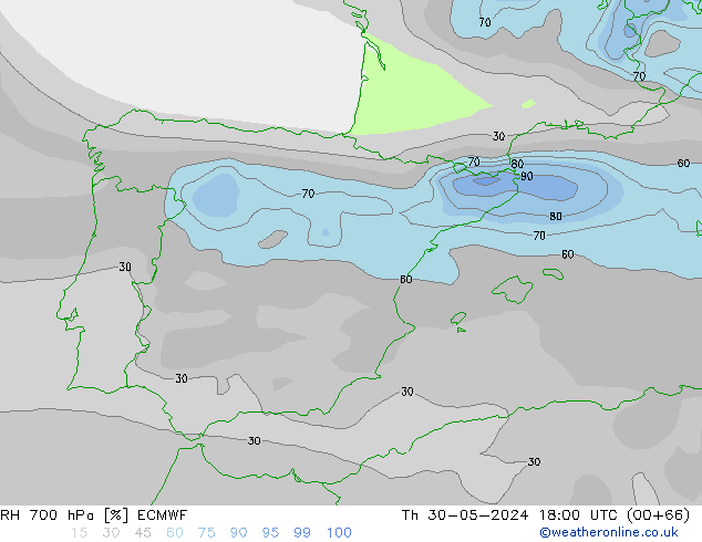 RH 700 hPa ECMWF Qui 30.05.2024 18 UTC