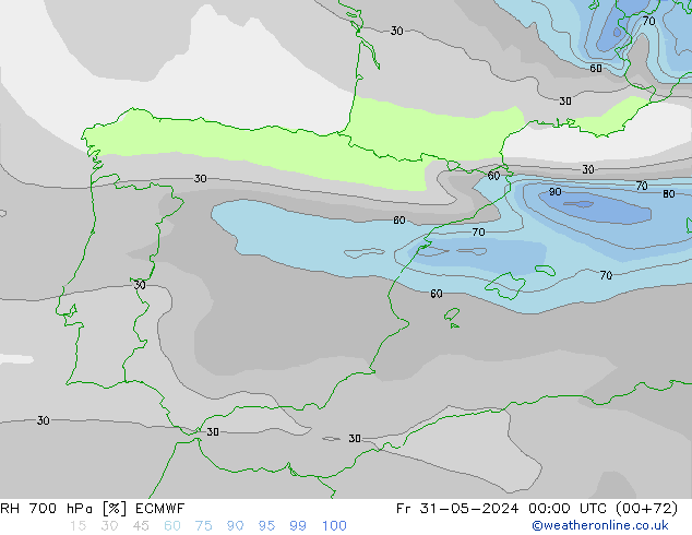 RH 700 hPa ECMWF Fr 31.05.2024 00 UTC