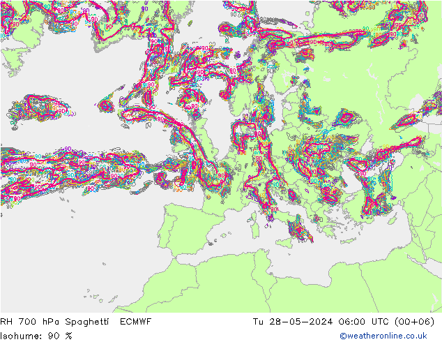 RH 700 гПа Spaghetti ECMWF вт 28.05.2024 06 UTC