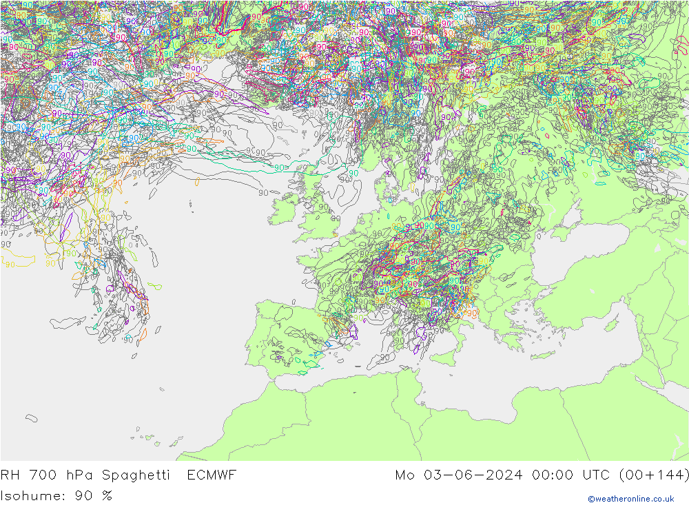 RH 700 hPa Spaghetti ECMWF Mo 03.06.2024 00 UTC