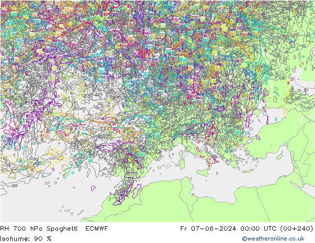 RH 700 hPa Spaghetti ECMWF Sex 07.06.2024 00 UTC