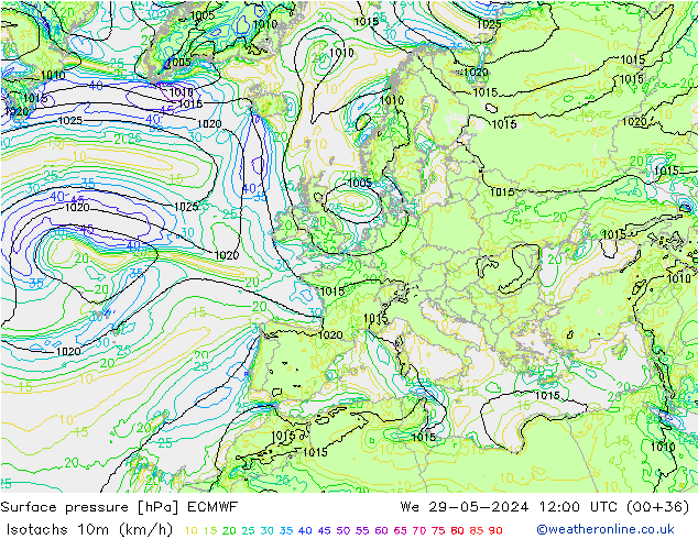 Eşrüzgar Hızları (km/sa) ECMWF Çar 29.05.2024 12 UTC