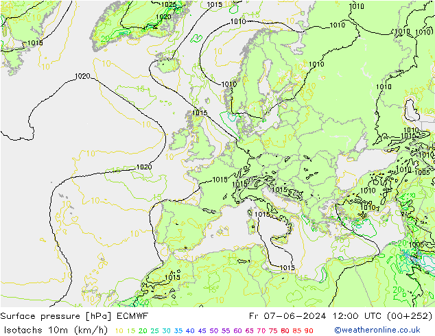 Isotachen (km/h) ECMWF Fr 07.06.2024 12 UTC
