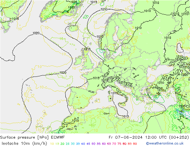 Isotachs (kph) ECMWF Pá 07.06.2024 12 UTC