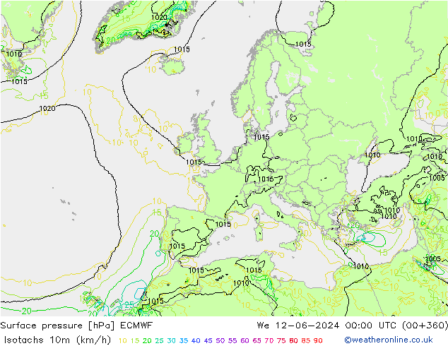 Isotachen (km/h) ECMWF wo 12.06.2024 00 UTC