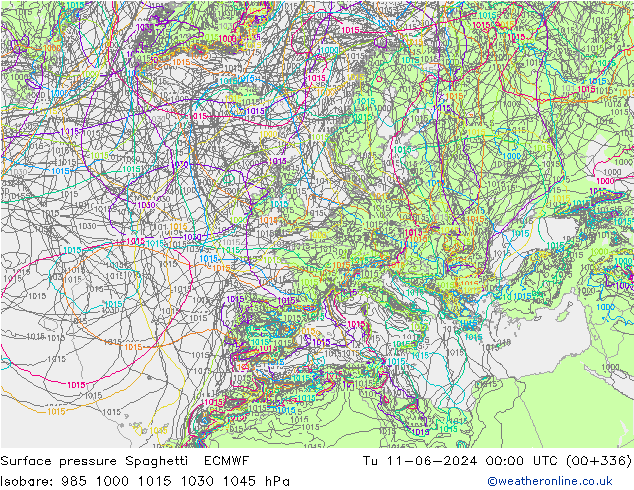 Luchtdruk op zeeniveau Spaghetti ECMWF di 11.06.2024 00 UTC