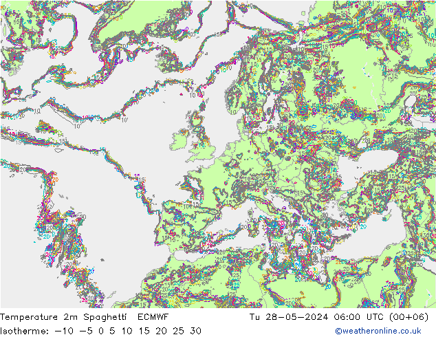 Temperature 2m Spaghetti ECMWF Tu 28.05.2024 06 UTC