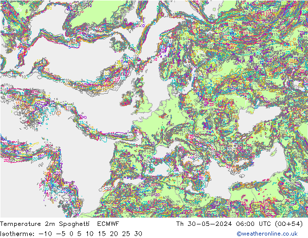 Temperatura 2m Spaghetti ECMWF gio 30.05.2024 06 UTC