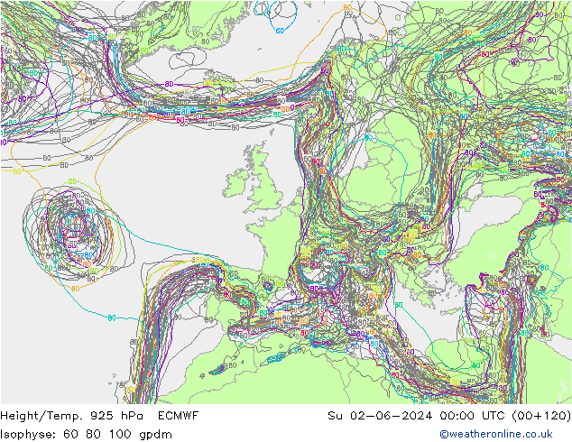 Height/Temp. 925 hPa ECMWF Su 02.06.2024 00 UTC