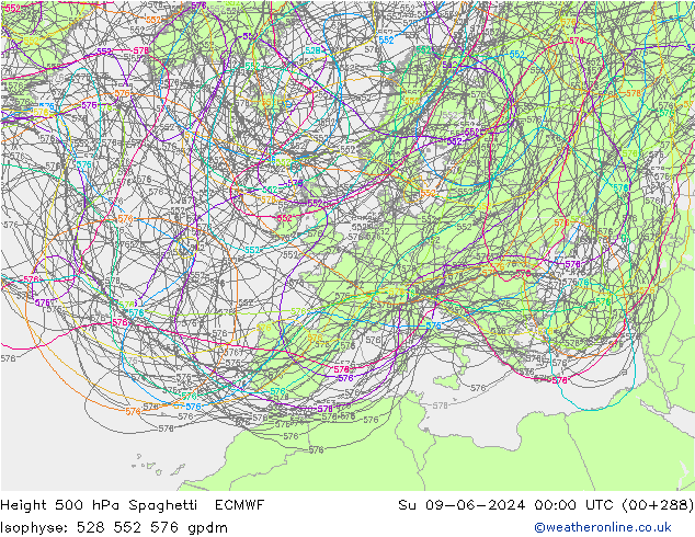 Height 500 hPa Spaghetti ECMWF dom 09.06.2024 00 UTC