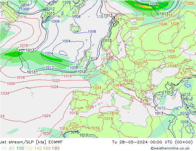 Straalstroom/SLP ECMWF di 28.05.2024 00 UTC