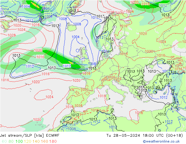 Jet stream/SLP ECMWF Tu 28.05.2024 18 UTC