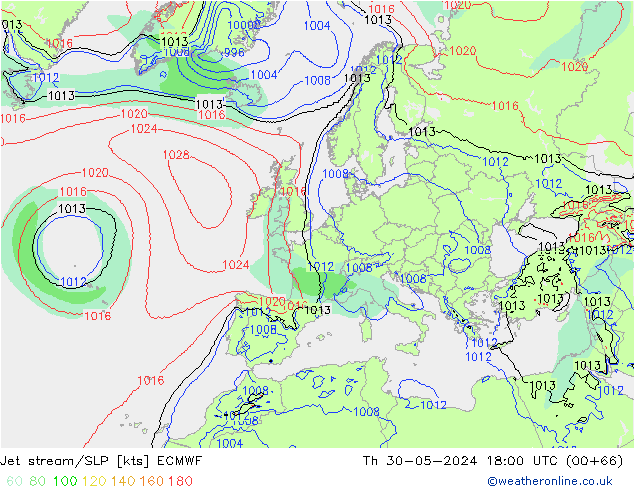 Jet stream/SLP ECMWF Čt 30.05.2024 18 UTC
