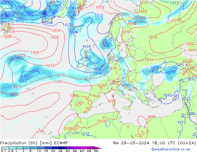 降水量 (6h) ECMWF 星期三 29.05.2024 00 UTC