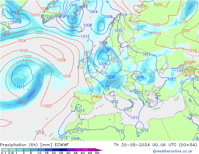 Precipitation (6h) ECMWF Th 30.05.2024 06 UTC