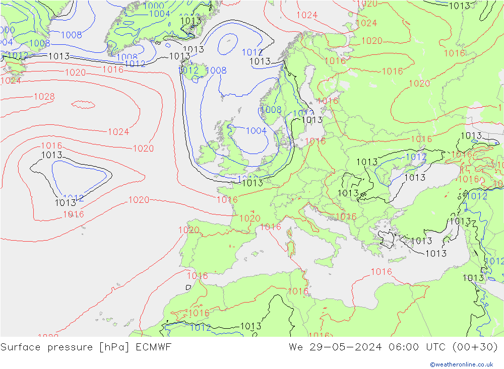 Surface pressure ECMWF We 29.05.2024 06 UTC