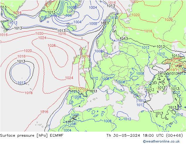 Pressione al suolo ECMWF gio 30.05.2024 18 UTC