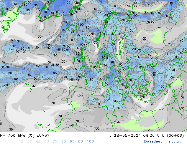 RH 700 hPa ECMWF Út 28.05.2024 06 UTC