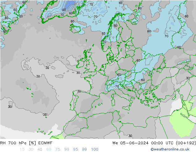 RH 700 hPa ECMWF Mi 05.06.2024 00 UTC