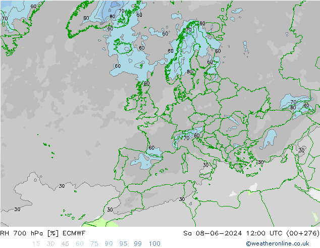 RH 700 hPa ECMWF sab 08.06.2024 12 UTC